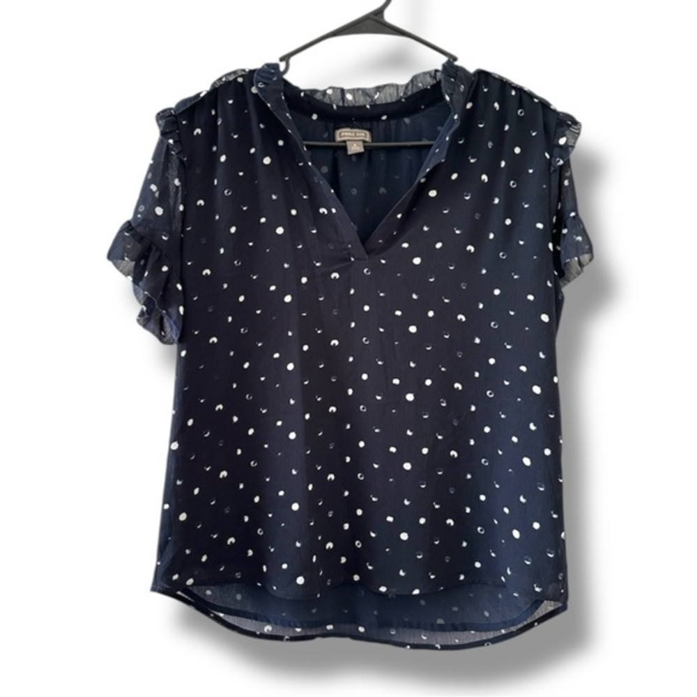 Point Sur Navy Blue Chiffon Dot Ruffle Sleeve Top Women’s Size Small Classic